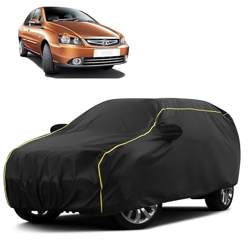 Image of Sulfar 100% Water Resistant Car Body Cover Compatible with Mirror for Tata Indigo CS (Triple Stitched, Full Bottom Elastic, Black Taffeta with Yellow Piping)