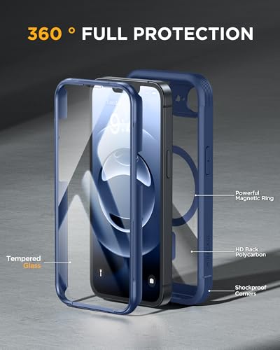 Image of Miracase for iPhone 17e Case & iPhone 16e Case, Full-Body Phone with Built-in Glass Screen Protector, [Magnetic with MagSafe] Military Drop Proof 17 E / 16 E Cover Bumper 6.1 inch, Blue