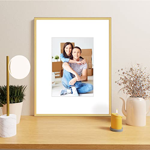 Fkvat 8.5X11 Picture Frame Set Of 4, Certificate Document Frame Matted Gold Simple Modern Thin Aluminum Metal Photo Frame Fits 5X7 With Mat Or 8.5X11 Without Mat Photo. Display For Tabletop Or Wall Collage. (8.5X11 Gold). #TOP5