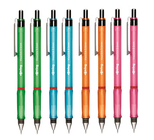 rOtring Visuclick - Lápices mecánicos (0,5 mm, 8 unidades), varios barriles brillantes, recargables, agarre triangular, borrador debajo de la tapa
