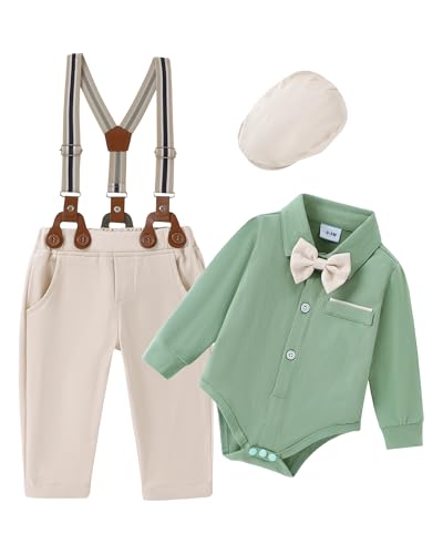 Image of ZOEREA Baby Boy Suit 0-24M Gentleman Outfit Clothes Set Infant Long Sleeve Dress Shirt+Suspender Pants+Bowtie+Beret Hat
