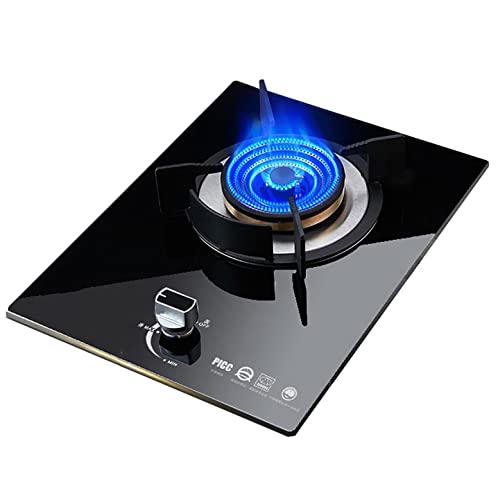 Aouoeeo Placa de Gas, Encimera de Gas, Cocina de Gas de 33 cm con Quemador, empotrada, Placa de cocción de Vidrio Templado Negro y sartén de Hierro Fundido.