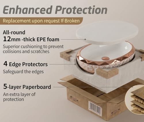 Image of BASSINO 24x16x5 Inches Table Top Washbasin /1 Year Warranty /Ceramic Wash Basin for Bathroom /Oval Counter Top Wash Basin for Dining Hall /Living Room /Designer Vessel Sink(Glossy White & Rosegold)