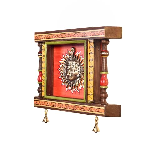 Image of Divya-I Wall decor frame with beautiful Brass Sculpture of Surya Dev | Handcrafted Wall Art for Home Decor & Office Spaces