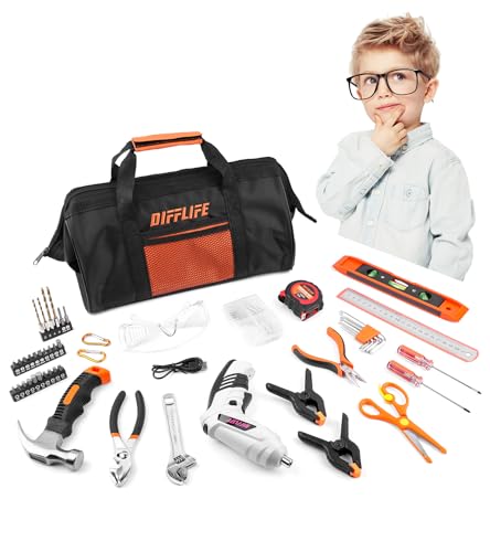 Difflife 118-Piece Hand Tool Set Kids Real,power-screwdrivers Tool Kit with Storage Bag for Boys,Girls DIY Building and Woodworking, Tool Set-8 Age+ 118 Piece