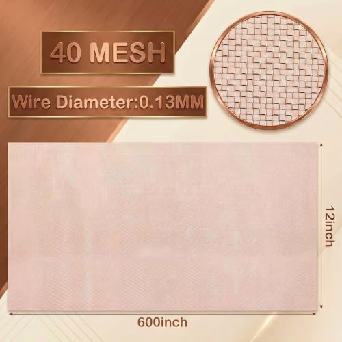 Image of Therwen 12 Inch X 50 ft Copper Mesh Screen 99.9% Pure Copper 40 Mesh Roll | 99.9% Copper Wire Fabric for Grounding, Dense Woven Mesh Filter for Crafts, Window Protection, Flexible Roll Easy to Cut