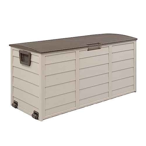 EPOFIT 75 Gallon Resin Deck Box, Waterproof Outdoor Storage Box with Wheels, Lockable Lid and Handles, Large Deck Storage for Outdoor Gear, Patio Furniture Cushion, Gardening Tools, Brown