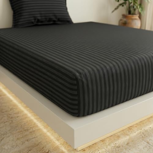 Image of Filymore Single Bed Bedsheet with 1 Pillow Cover, 300 TC Microfiber Satin Striped Bedsheet, Soft & Breathable Single Size Bedcover 90x60 Inches, Black
