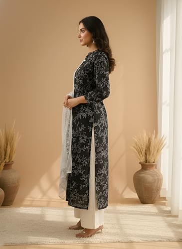 Image of Yash Gallery Women's Pure Cotton White Floral Rubber Print A-line Kurta Pant Set with Dupatta with Fancy Front Buttons, One Side Functional Pocket