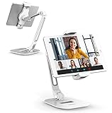 Iluminpro Portable Tablet iPad Holder with Aluminum Adjustable Long Arm and Sturdy Base 360° Swivel Stand & Phone Holder for Any 4-13' Smart Devices