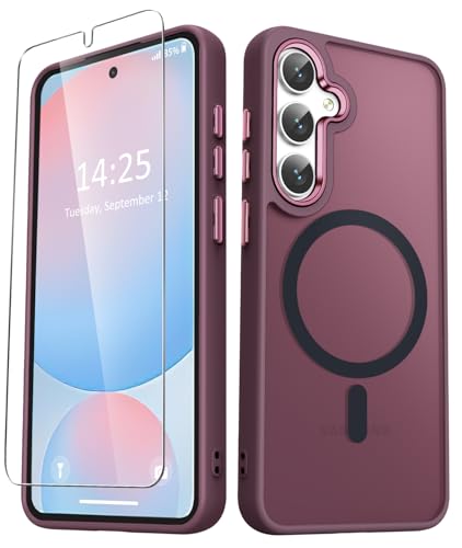 YENAPOON for Samsung Galaxy S25 Case, Matte Magnetic Phone Case with 1 Screen Protector, Support for Magsafe, Translucent Frosted Shockproof Protective Cover for Samsung Galaxy S25, Wine Red