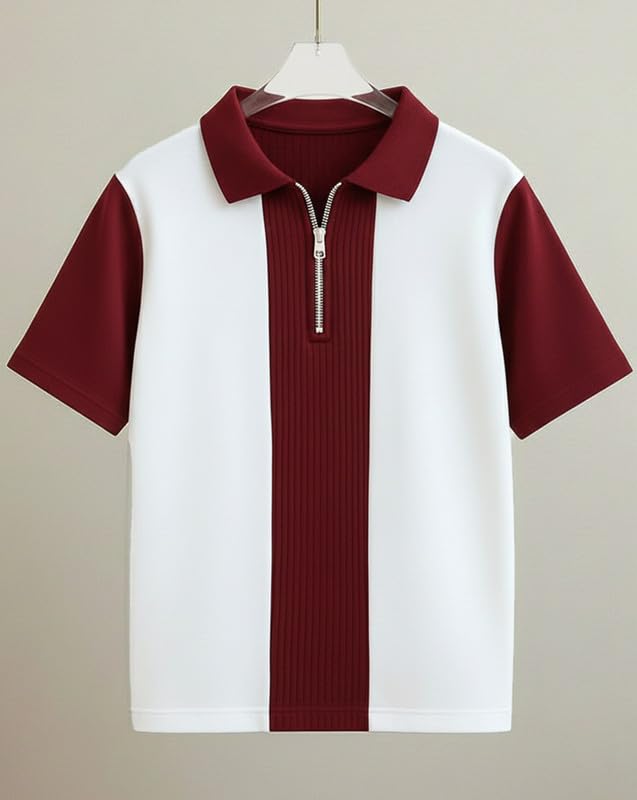 Image of AUSK Men's Textured Vertical Striped Knit Polo T-Shirt | Half Sleeve Zipper Neck Self-Design Casual Tee | Mens Tshirts