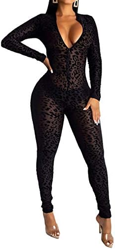 Uni Clau Women See Through Bodycon Jumpsuit - One Piece Deep V Neck Outfits Sheer Mesh Leopard Clubwear Jumpsuit Rompers Black L