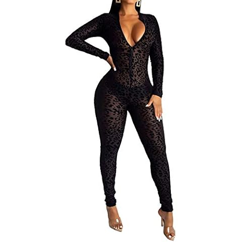 Uni Clau Women See Through Bodycon Jumpsuit - One Piece Deep V Neck Outfits Sheer Mesh Leopard Clubwear Jumpsuit Rompers Black L Cover