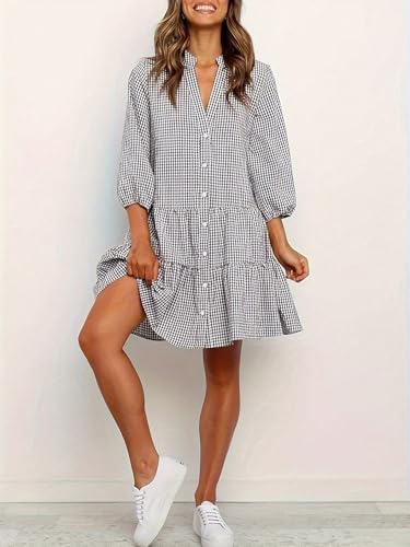utcoco Women's 2025 Spring Summer Plaid Shirt Dress 3/4 Puff Sleeve Button Down Loose Casual Midi Dress with Pockets2
