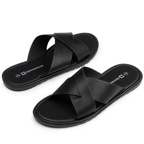 Alpine Swiss Hugo Men’s Vegan Leather Slide Sandals | Dressy & Comfortable Indoor Outdoor Shoes | Cross Strap Design for Casual & Elevated Wear | Water-Resistant & Anti-Slip Traction Flip Flops4
