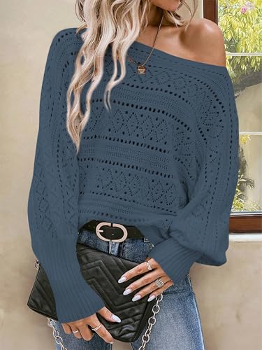 Image of Cakulo Womens Off Shoulder Sweater Top Fall Outfits Fashion 2025 Oversized Knit Batwing Long Sleeve Crochet Pullover Sweaters