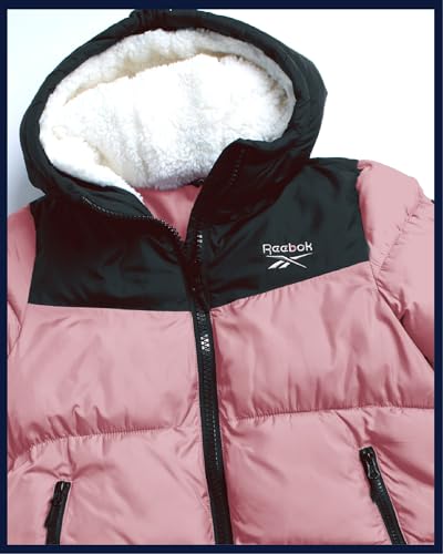 Image of Reebok Girls Heavyweight Poly Taffeta Puffer Jacket with Sherpa Hood | Insulated Quilting Locks in Warmth, Zip-Up Closure, Secure Pockets for Gloves, Cozy Protection for Cold-Weather Play