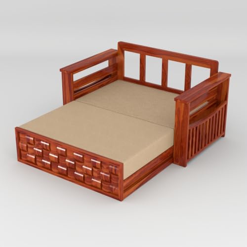 Image of Solid Sheesham Wood Sofa Cums Bed with Mattress & Storage | Rosewood Convertible Sofa Bed for Living Room & Bedroom (G-Honey, 2 Seater)
