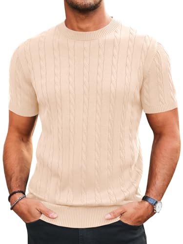 Runcati Mens Knit Short Sleeve T Shirts Casual Crewneck Slim Fit Shirt Cable Knitted Stretch Pullover Tees