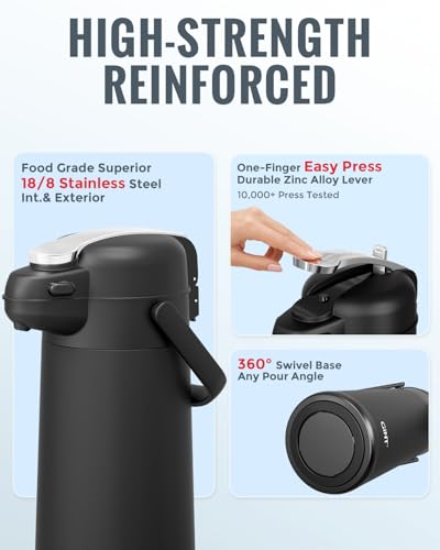 Image of GiNT 3L Airpot Coffee Dispenser with Pump, Insulated Coffee Carafe for Hot Liquids, Stainless Steel Vacuum Insulated Pump Dispenser for Hot /Cold Beverages, Home Office Commercial Outdoor Use(101oz)