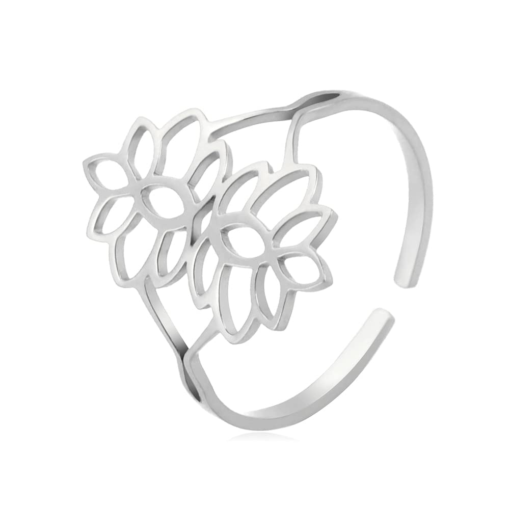 Bague Lotus redimensionnable acier inoxydable bague point-virgule yoga et méditation