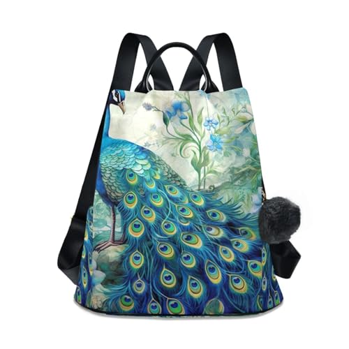 Mochila antirrobo para mujer de estilo casual con pompón y plumas azul pavo real