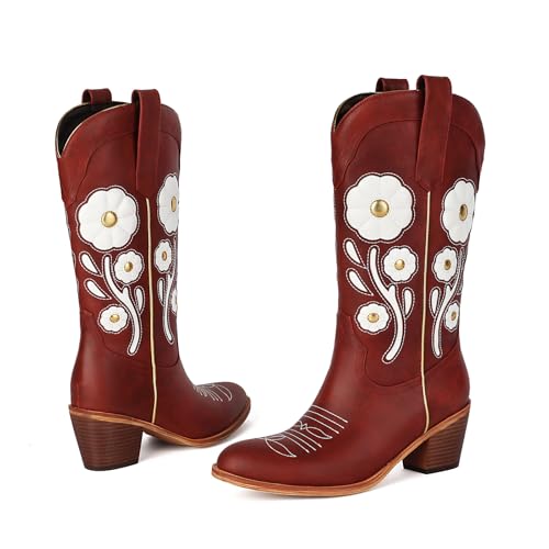Image of Womens Floral Cowboy Boots,Cute Mid Calf Flower Cowgirl Western Country Boot Pointed Toe Chunky Heel Shoes for Women.