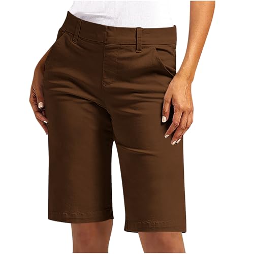 Bermuda Shorts Women Knee Length Straight Leg Bottom Casual High Waisted Chino Shorts Hiking Vacation Beach Outfit(#01 Brown,Small)