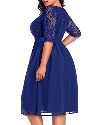 Image of Pinup Fashion Plus Size Lace Chiffon Wrap V Neck Dresses Women Cocktail Wedding Guest Midi Dress