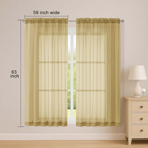 Image of OWENIE Sheer Gold Curtains, Sheer Curtains 63 inch Length 2 Panels Set, Rod Pocket Voile Fimly Sheer Drapes for Living Room Bedroom, 2pcs, Gold, Each 59 inch W x 63 inch L