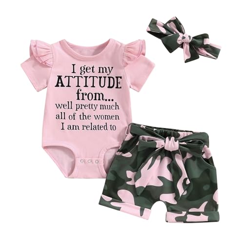 Image of Fernvia Baby Girl Clothes Infant Summer Outfits 3 6 12 18 Months Short Sleeve Ruffles Letters Romper & Camouflage Shorts Set