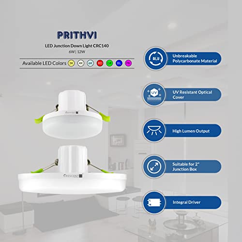 Image of Crescent Prithvi CRC140 12W Round LED Junction Box Light | Blue Light | Slim Recessed Ceiling Panel | Easy Spring Clip Installation | Indoor Lighting