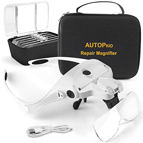 AUTOPkio Gafas Lupa con 2 Luz LED, USB Recargable Lentes de Aumento con Estuche 5 Lentes 1.0X, 1.5X, 2.0X, 2.5X, 3.5X para Reparaciones, Coser, Joyería