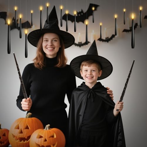 Image of Lezonic Black Floating Candles with Wand Remote, Set of 12 Magic Flameless Candles Battery Operated, Flikering Hanging LED Taper Candlesticks Christmas Decorations, 0.51 inch x 6.7 inch