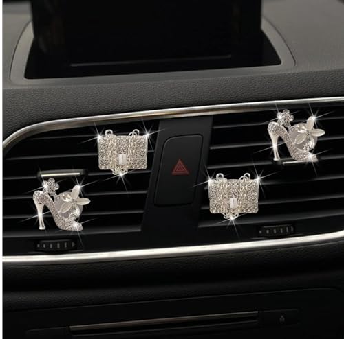 Image of 4Pcs Bling High Heel Shoe and Bag Air Vent Clips, Crystal Car Air Fresheners Vent Clips Car Diffuser Vent Clip Rhinestone Diamond Car Decoration Bling Car Accessories for Women，Interior Accessories
