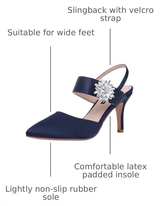 Image of ERIJUNOR Mid Heel Shoes for Women Pointed Toe Slingback Rhinestone Brooch Satin Dress Pumps Evening Prom Wedding Shoes