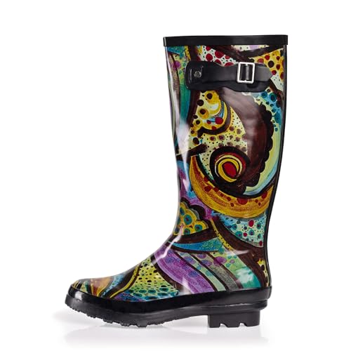 NORTY Waterproof Rain Boots for Women Size 8, Tall & High Calf Rain Shoes, Slip-Resistant, Comfortable Rainboots, Stylish Outdoor & Garden Boots, Glossy Monet Print, 13.25” Shaft