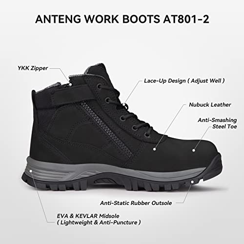 Mens Work Boots, Nubuck Leather Steel Toes Safety Footwear, Slip Resistent YKK Zipper Protective Shoes, 6 inch, Anti-Puncturing, Anti-Static, Lightweight (AT801-2, Black)3
