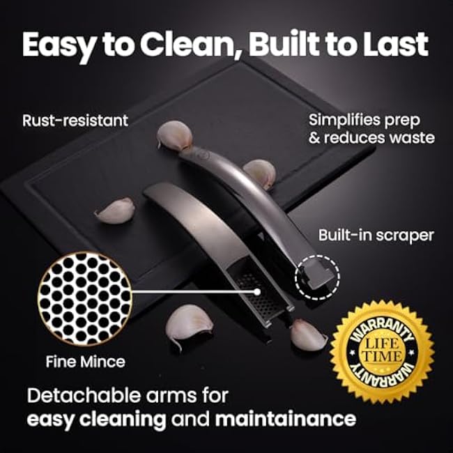 No Peeling Required Garlic Press Stainless Steel with Detachable Handle for Fine Mincing-Premium Garlic Mincer Tool, Rust-Proof, Easy to Clean, Dishwasher Safe Garlic Crusher with Lifetime Replacement