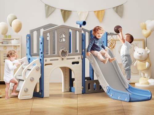 Image of KORIMEFA 7-in-1 Toddler Slide & Climber Playset with Basketball Hoop, Ring Toss, Telescope Indoor/Outdoor Activity Center for Kids 1-3 Years Blue