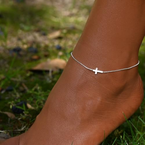Image of Anklets for Women 14K Gold Plated Anklets Waterproof Ankle Bracelets for Women Silver Ankle Bracelet Layered Cross Satellite Bowknot Flower Pearl Beach Anklets Cute Jewelry Gift