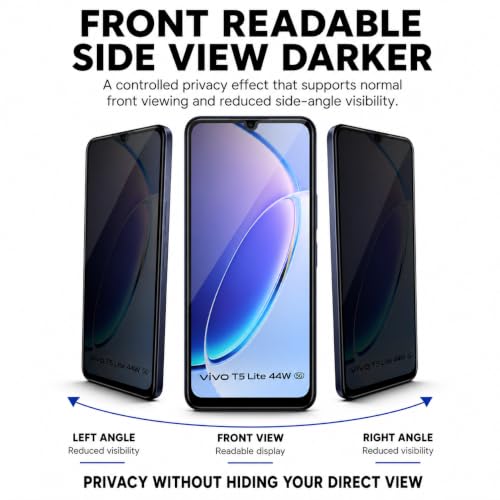 Image of ArmourPro Privacy Tempered Glass for Vivo T5 Lite - Anti-Spy Anti Peeping Screen Protector, 9H Hardness, Edge-to-Edge Coverage, Ultra Thin, Bubble-Free Installation Kit | Black