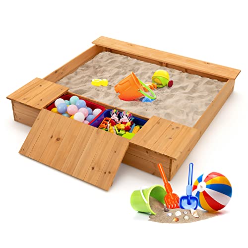 GYMAX Wooden Kids Sandbox, Outdoor Children Sandpit with Bench Seat & 2 Removable Boxes, 125x122x19cm Garden Sand Box for Backyard Beach
