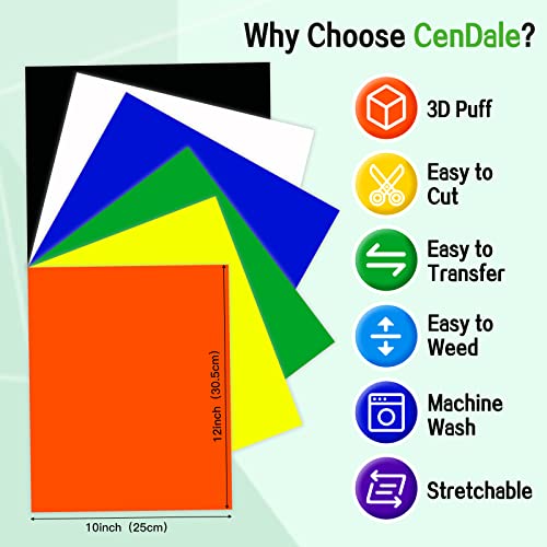 Cendale 3D Puff Vinyl Heat Transfer, 6 Colors Puff Vinyl Sheets 12''X 10'', Htv Heat Transfer Iron On Vinyl For Heat Press T-Shirt Clothes, Compatible With Cricut Air/Maker, Cameo #TOP4