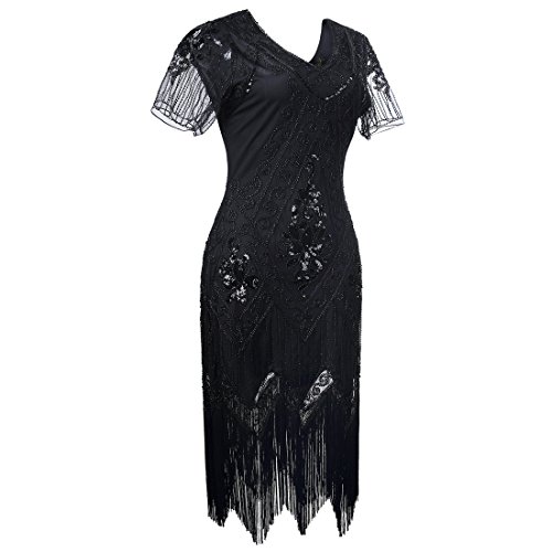 JaosWish Gatsby 1920s Flapper Dress Women Vintage Sequin Fringe Beaded Art Deco Fancy Dress with Sleeve for Party Prom, XXL, Black - Image 4