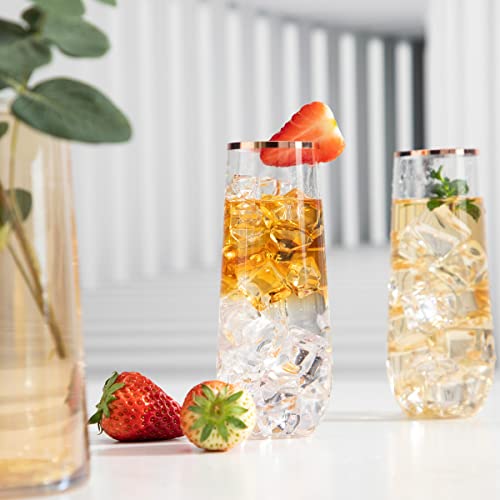 SUT 24PCS Rose Gold Champagne Flutes Plastic, 9oz Stemless Plastic Champagne Glasses, Rose Gold Rim Clear Toasting Glasses, Unbreakable, Shatterproof Mimosa Glasses, For Party,Shower - Thumbnail 4