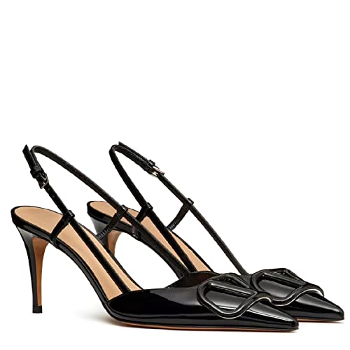 Women Heeled Slingback Sandals V Buckle Closed Pointed Toe Stiletto High Heels Slip-On Backless Evening Prom Party Dress Shoes