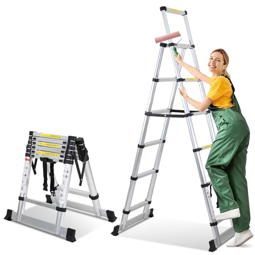 Cecaylie Scala telescopica pieghevole, scala in alluminio, 1,7 m + 2 m, 5 + 6 gradini, portata massima 150 kg