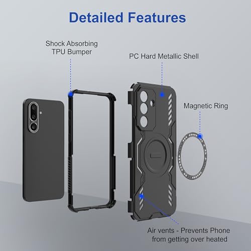 Image of amazon basics Back Case Cover for Samsung Galaxy F56 5G | Magnetic Case with Built-in Metal Ring | Supports Mag-Safe Charger, Wallet & Car Mount | Shockproof Hybrid PC + TPU | Black